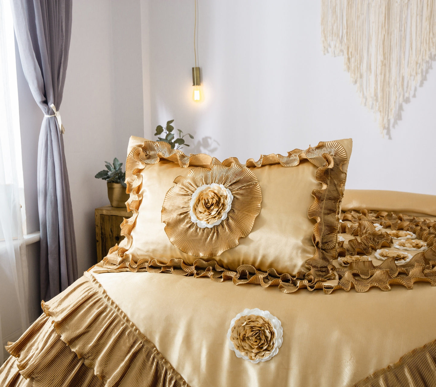 Tache Satin Ruffle Floral Gold Caramel Latte Comforter (BM4578)