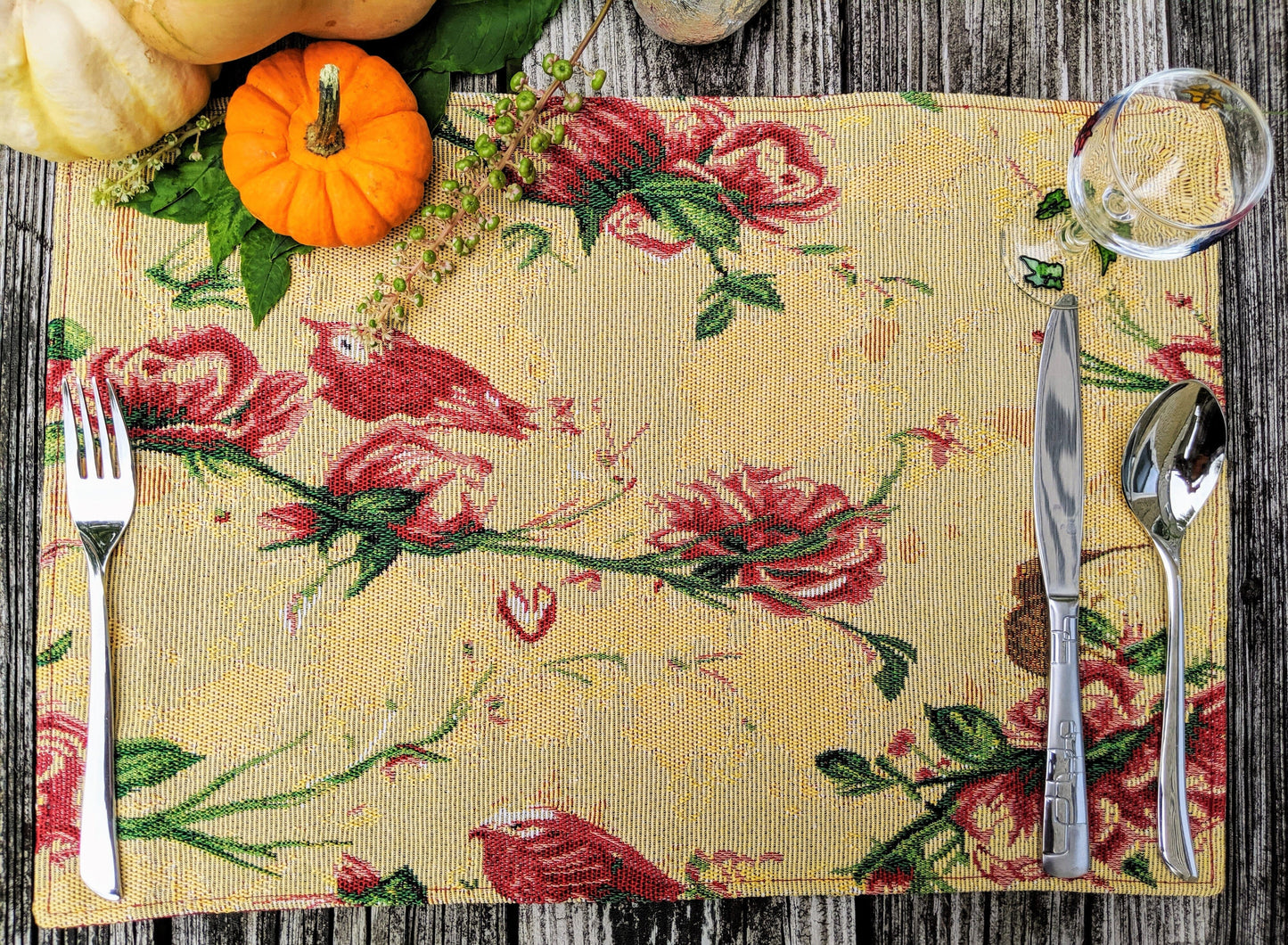 Tache Floral Red Roses Hummingbirds Golden Woven Tapestry Placemat Set (18115)