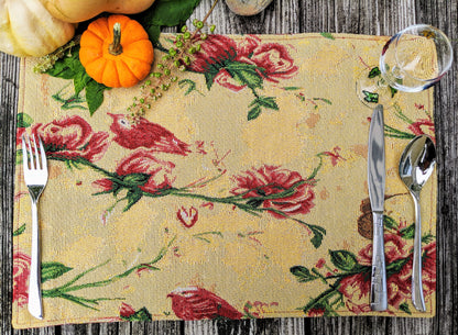 Tache Floral Red Roses Hummingbirds Golden Woven Tapestry Placemat Set (18115)