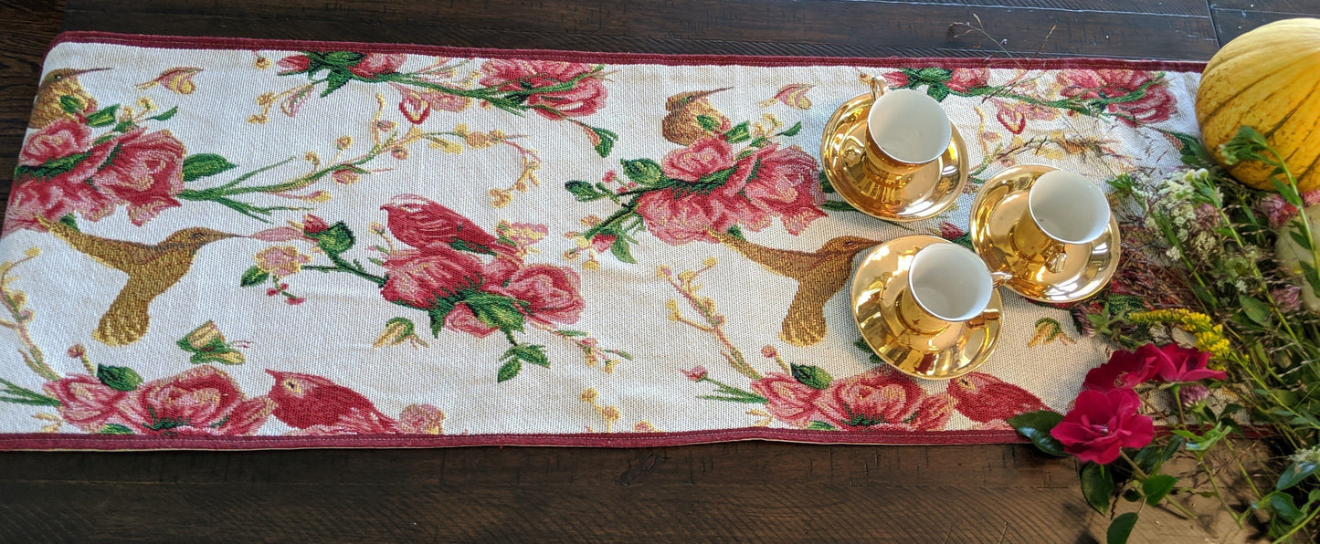 Tache Floral Red Roses Hummingbirds Ivory Woven Tapestry Table Runner (18109)