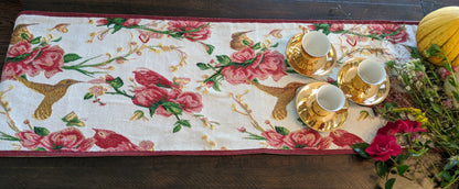Tache Floral Red Roses Hummingbirds Ivory Woven Tapestry Table Runner (18109)