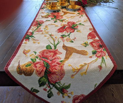 Tache Floral Red Roses Hummingbirds Ivory Woven Tapestry Table Runner (18109)
