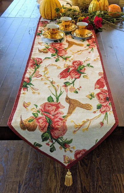 Tache Floral Red Roses Hummingbirds Ivory Woven Tapestry Table Runner (18109)