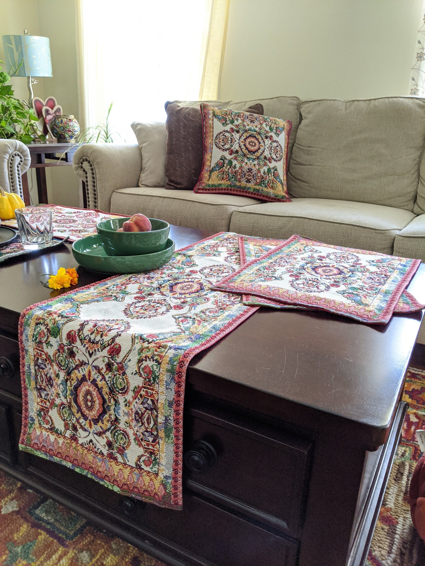 Tache Elegant Ivory Colorful Ornate Paisley Woven Tapestry Table Runner (18193)