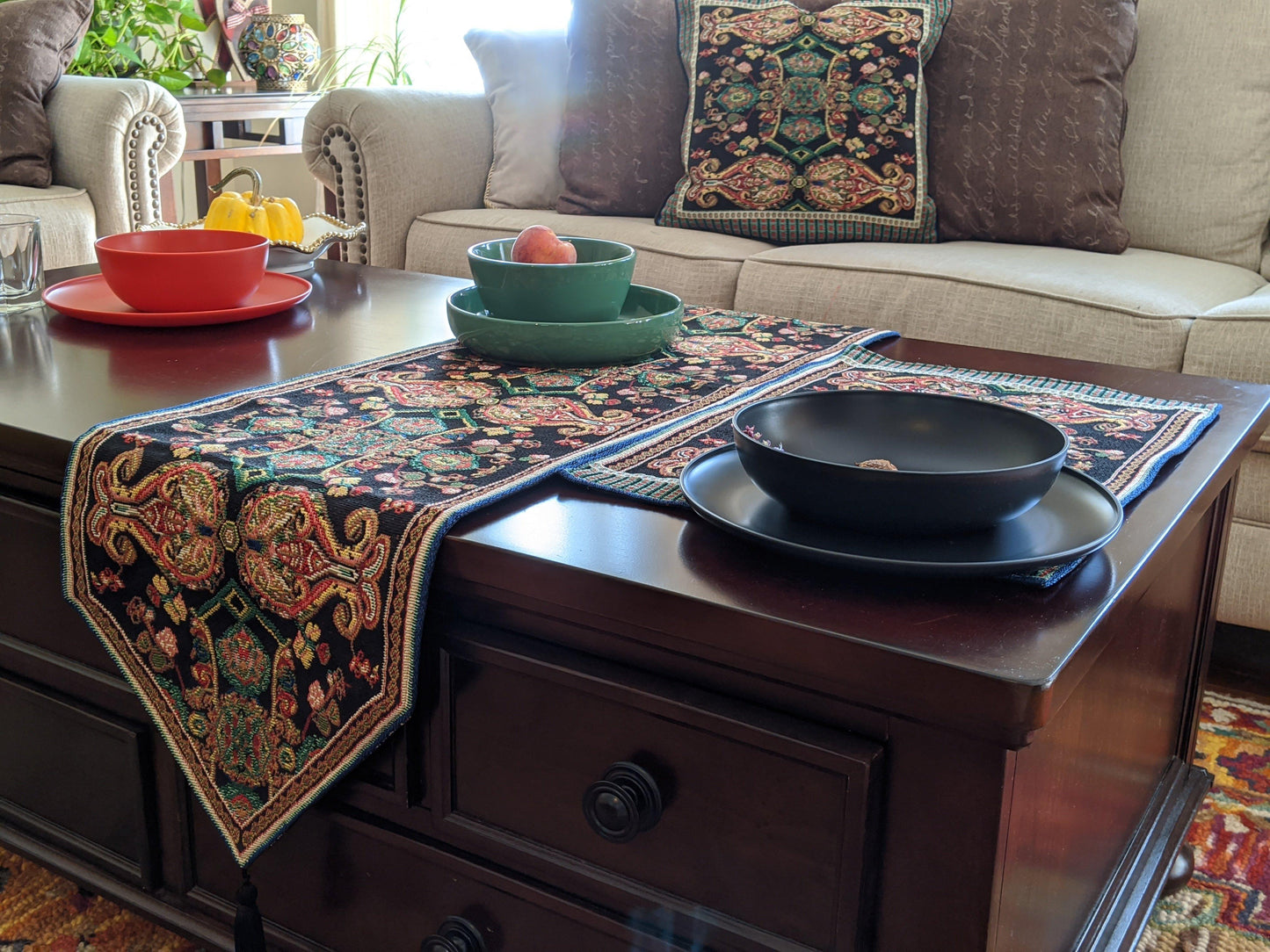Tache Elegant Black Ornate Paisley Woven Tapestry Table Runner (18192)