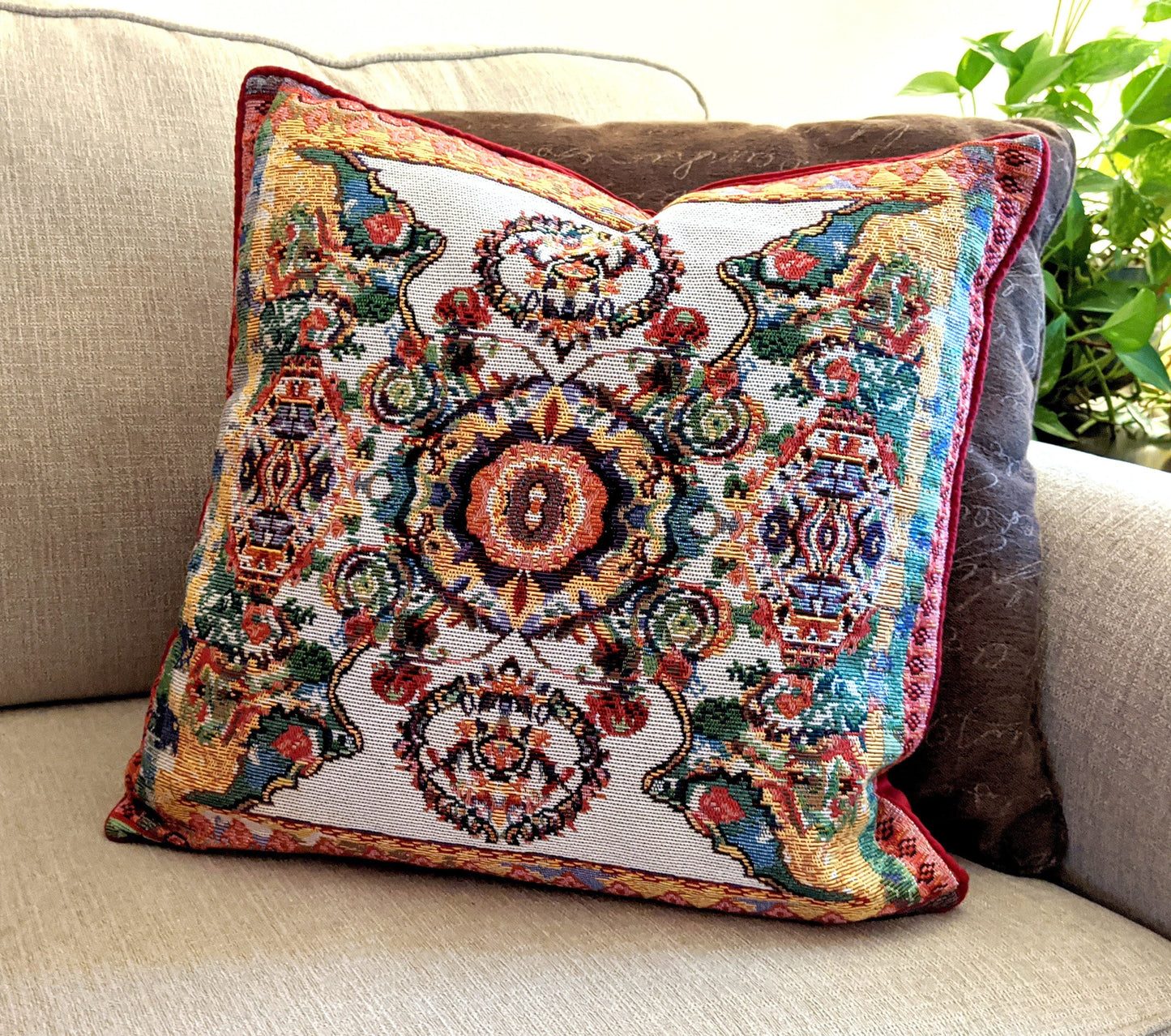 Tache Elegant Ivory Colorful Ornate Paisley Woven Tapestry Throw Pillow Cover (18193)