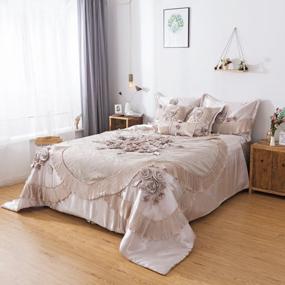 Tache Satin Floral Lace Ruffle Crème Beige Sweet Victorian Luxurious Comforter Set (MZ002C)