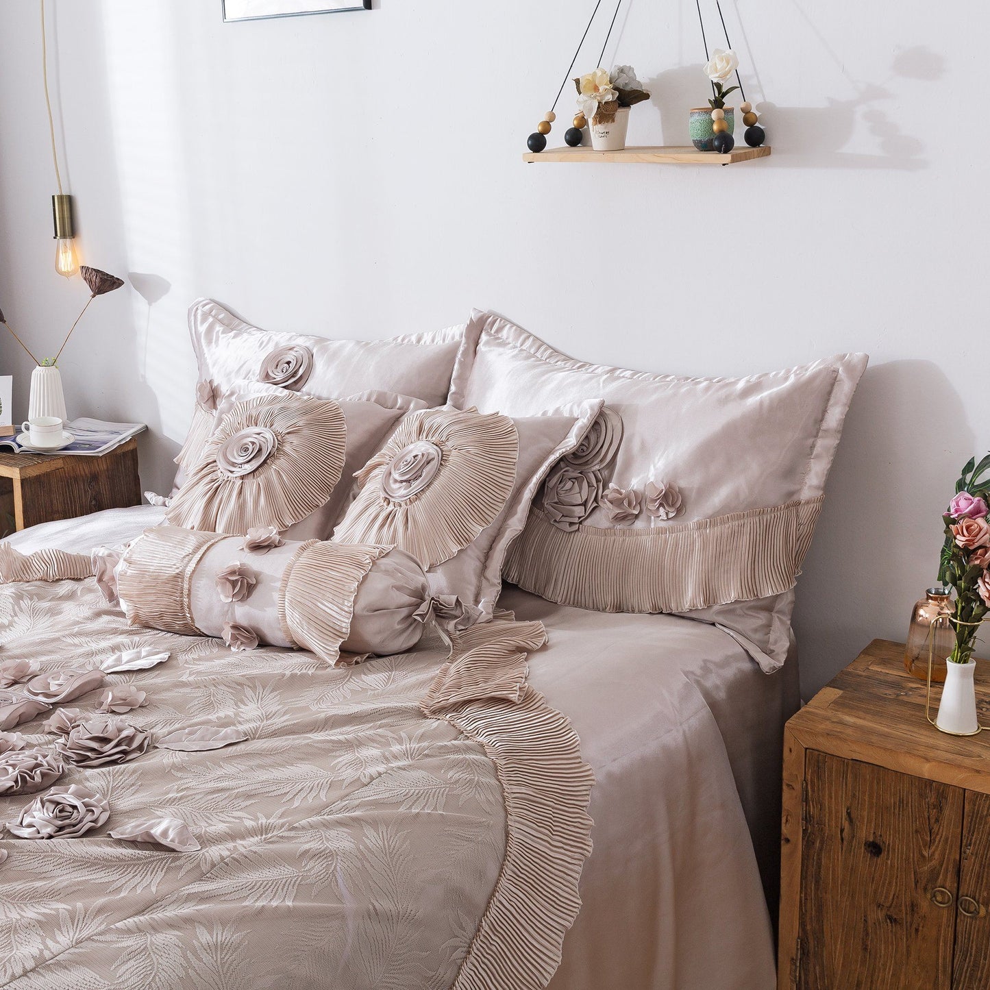Tache Satin Floral Lace Ruffle Crème Beige Sweet Victorian Luxurious Comforter Set (MZ002C)