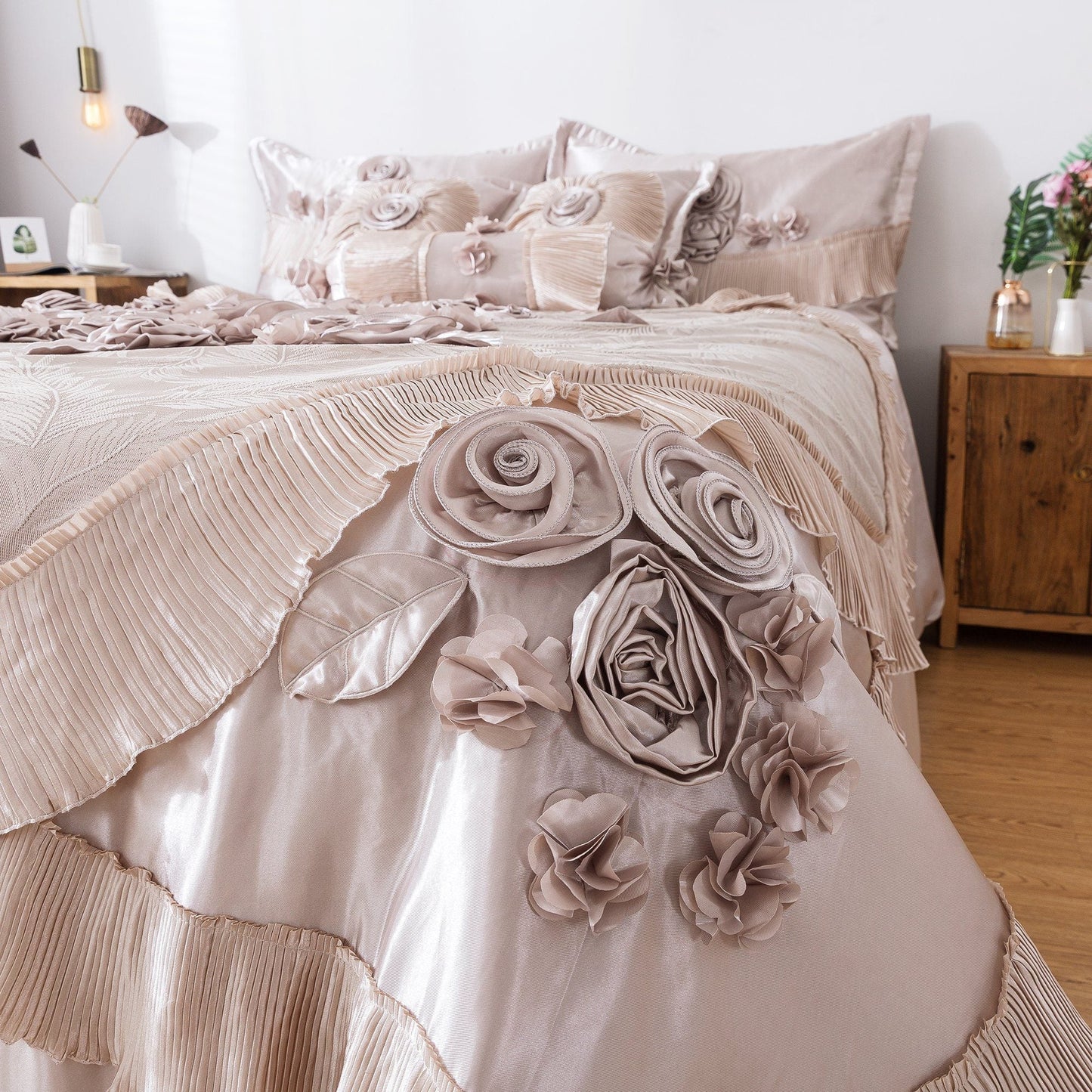 Tache Satin Floral Lace Ruffle Crème Beige Sweet Victorian Luxurious Comforter Set (MZ002C)