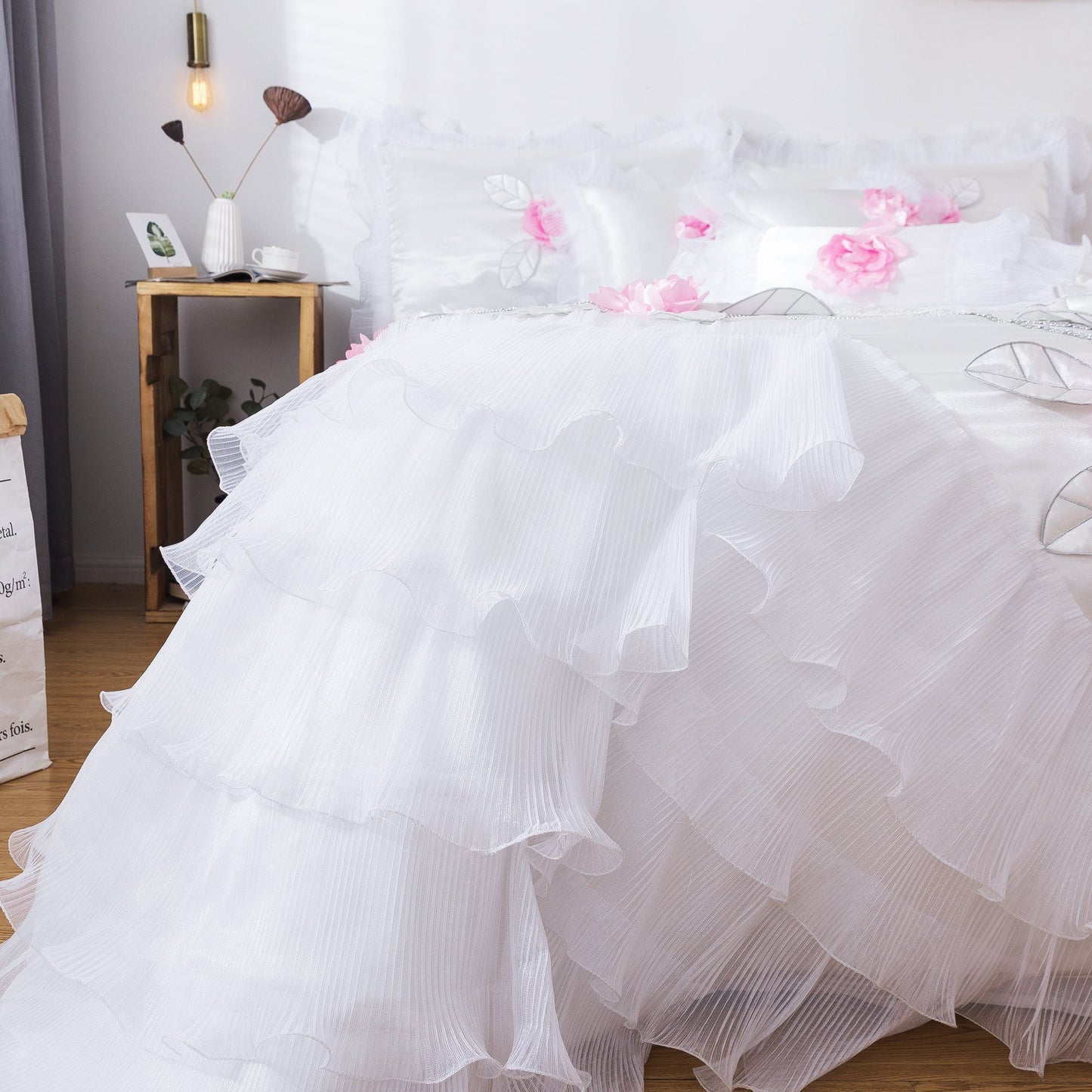 Tache Ruffle Floral Lace Satin White Pink Luxury Delicate Rose Comforter Set (MA125)