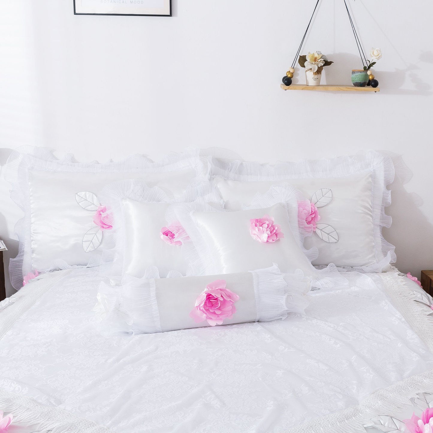 Tache Ruffle Floral Lace Satin White Pink Luxury Delicate Rose Comforter Set (MA125)
