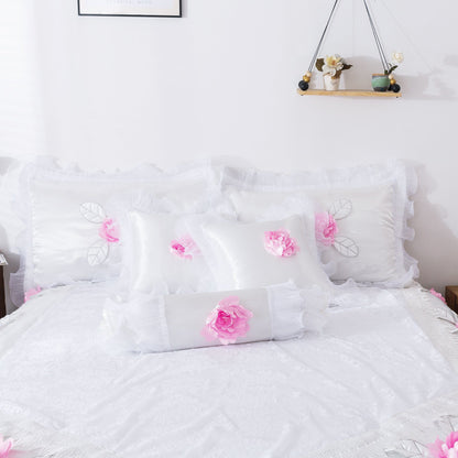 Tache Ruffle Floral Lace Satin White Pink Luxury Delicate Rose Comforter Set (MA125)
