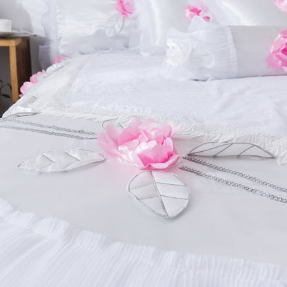Tache Ruffle Floral Lace Satin White Pink Luxury Delicate Rose Comforter Set (MA125)
