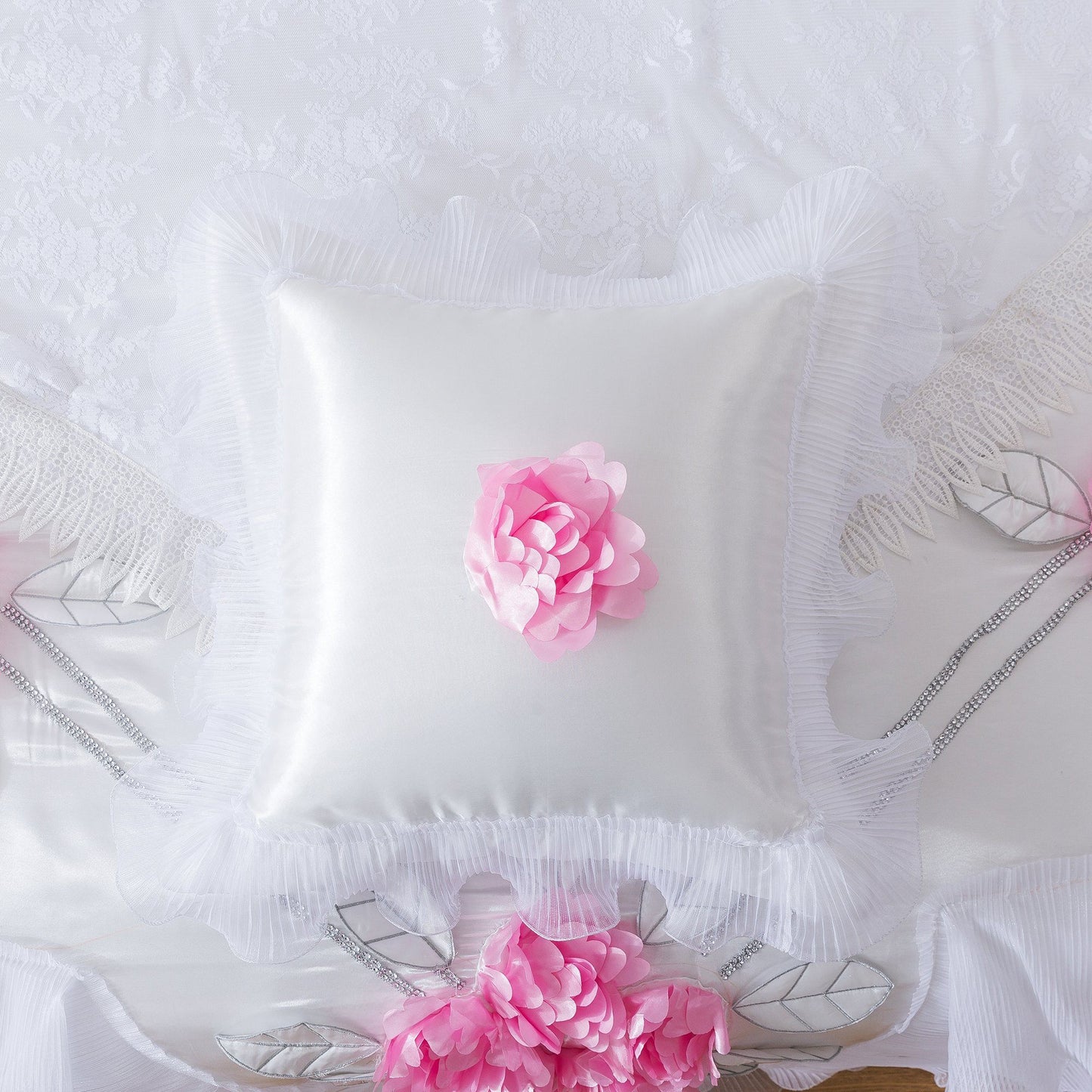 Tache Ruffle Floral Lace Satin White Pink Luxury Delicate Rose Comforter Set (MA125)
