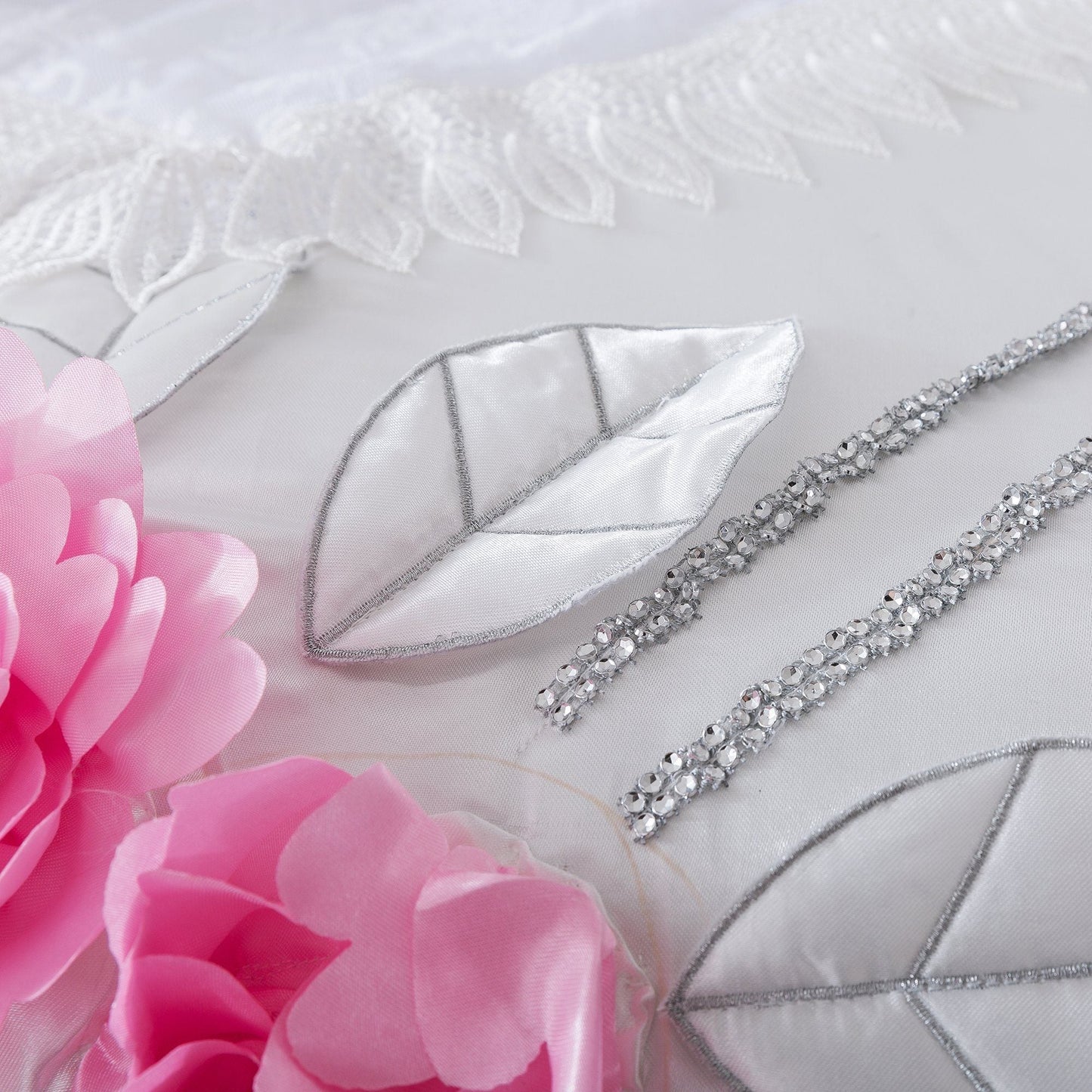 Tache Ruffle Floral Lace Satin White Pink Luxury Delicate Rose Comforter Set (MA125)