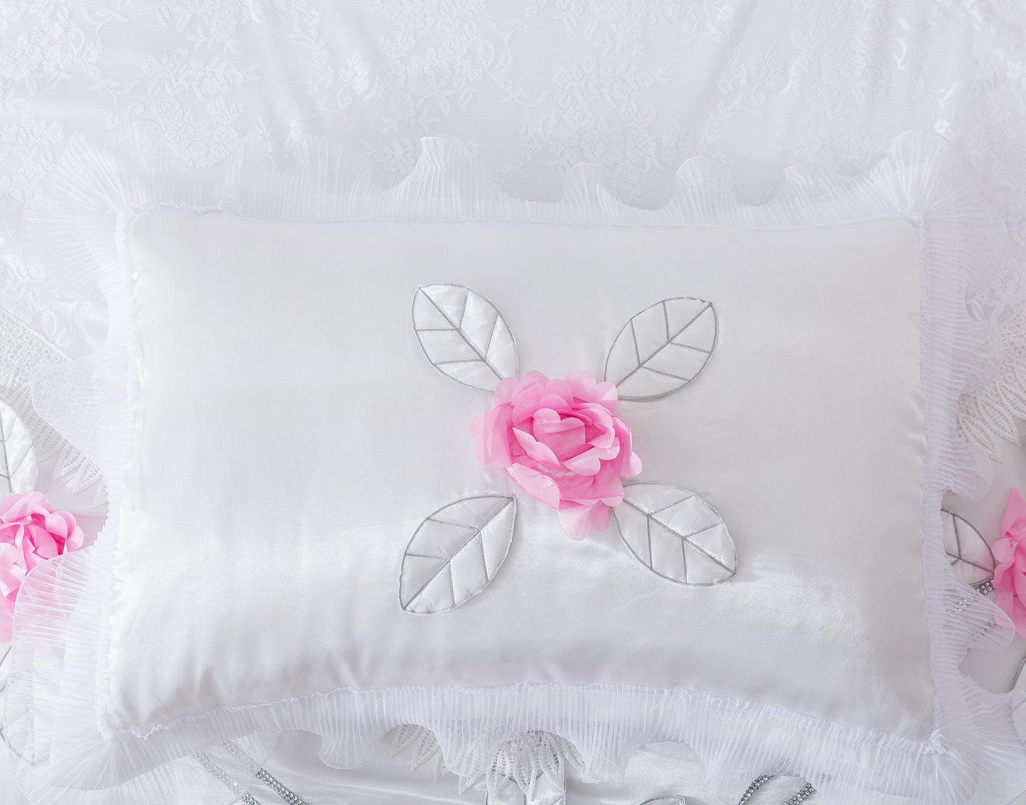 Tache Ruffle Floral Lace Satin White Pink Luxury Delicate Rose Comforter Set (MA125)