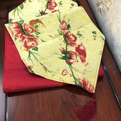 Tache Floral Red Roses Hummingbirds Golden Woven Tapestry Table Runner (18115)