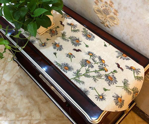 Tache Floral Yellow Daisies Ladybugs Ivory Woven Tapestry Table Runner (18114)