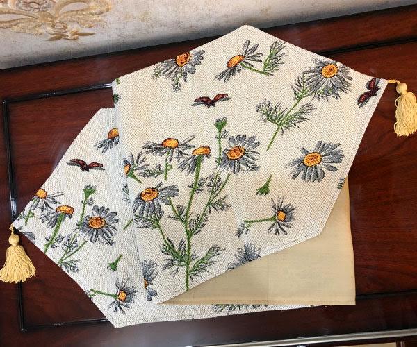 Tache Floral Yellow Daisies Ladybugs Ivory Woven Tapestry Table Runner (18114)