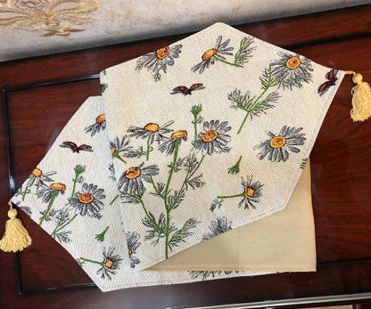 Tache Floral Yellow Daisies Ladybugs Ivory Woven Tapestry Table Runner (18114)