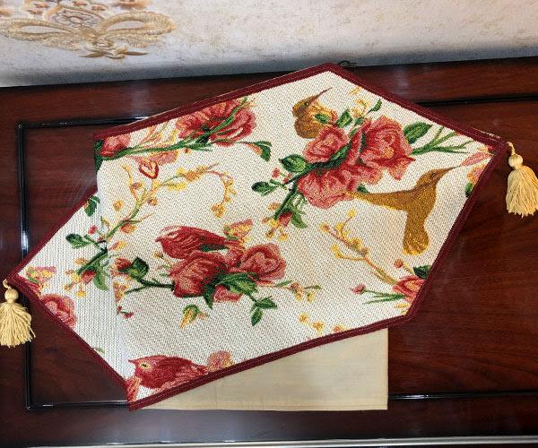 Tache Floral Red Roses Hummingbirds Ivory Woven Tapestry Table Runner (18109)