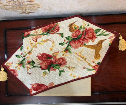 Tache Floral Red Roses Hummingbirds Ivory Woven Tapestry Table Runner (18109)
