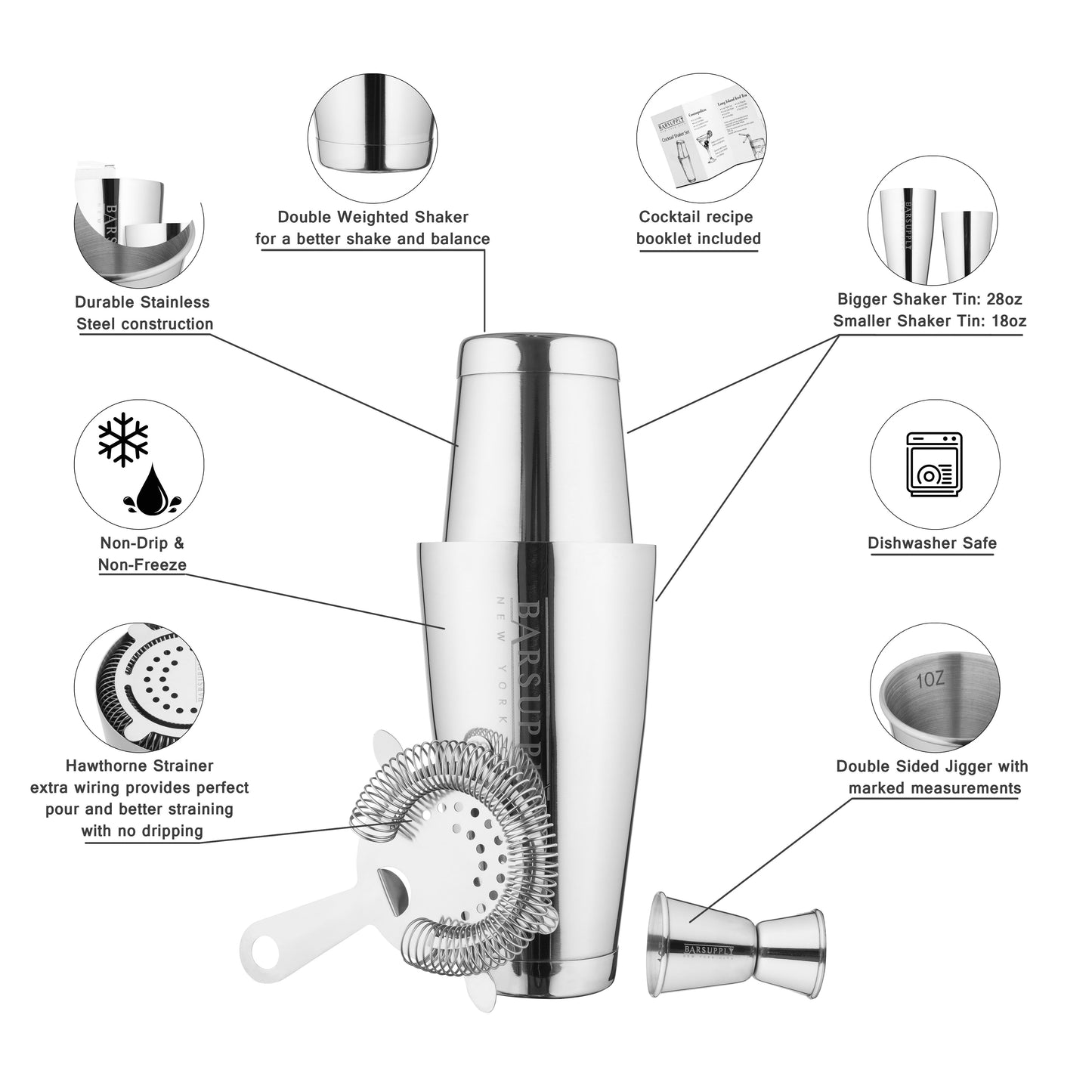 Professional 4-Piece Boston Cocktail Shaker Set