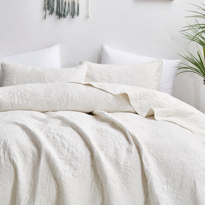 Tache Vanilla Cream Ivory Paisley Damask Stitch Matelassé Cotton Quilt Set (JHW-643)