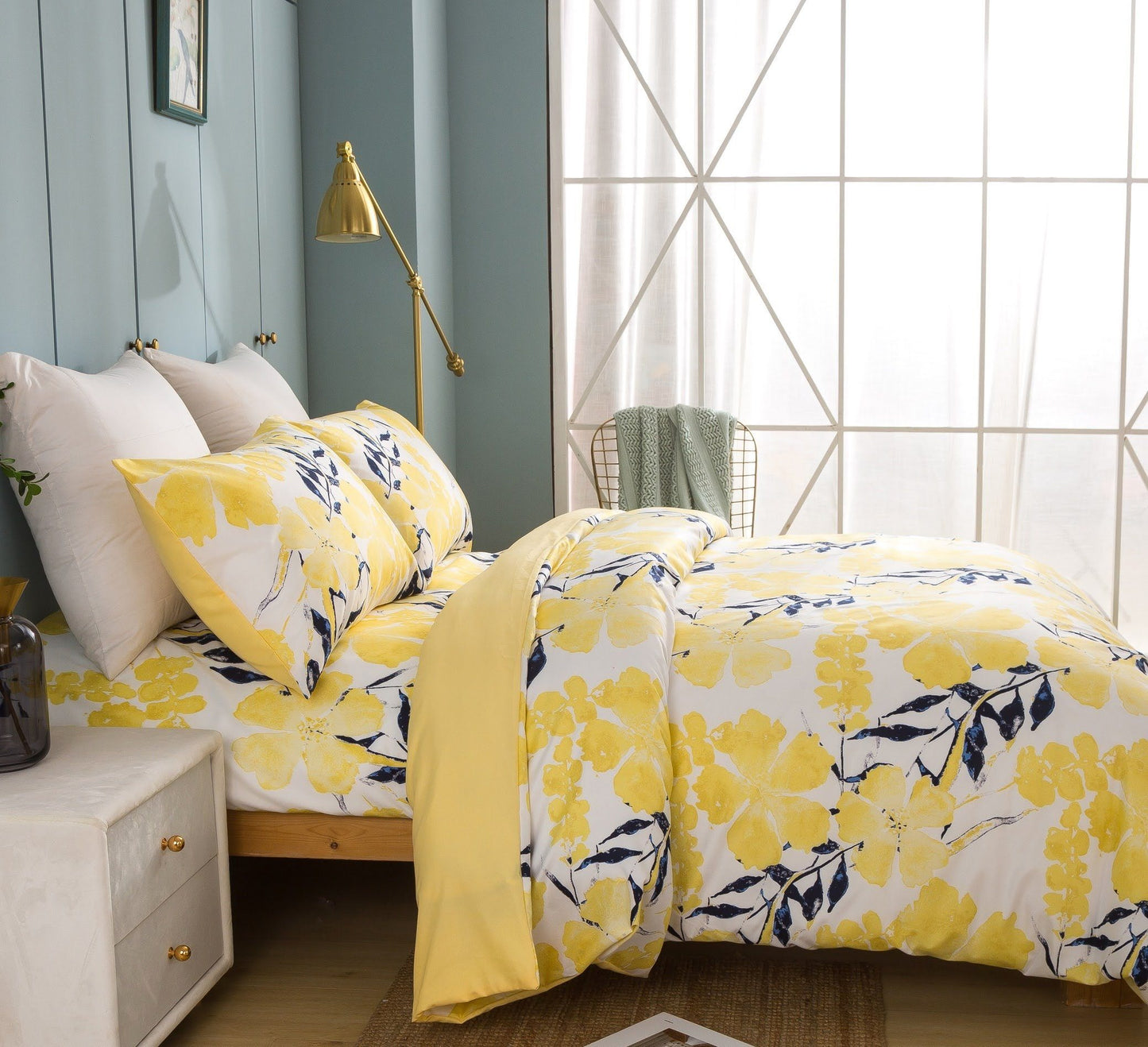Tache Microfiber Watercolor Tropical Floral Yellow Blue Duvet Cover (JHW-841)