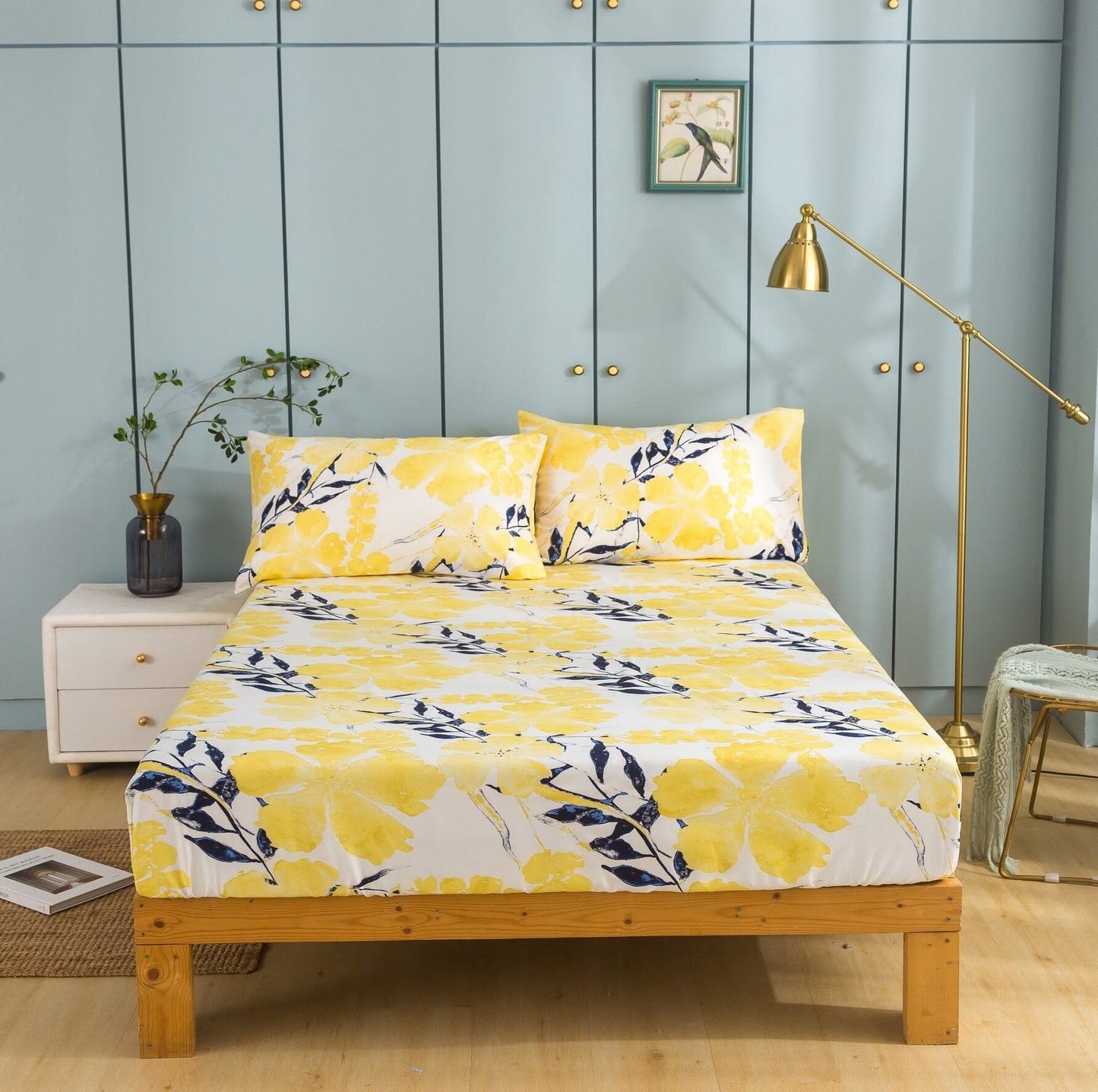 Tache Microfiber Watercolor Tropical Floral Yellow Blue Fitted Sheet / Flat Sheet (JHW-841)