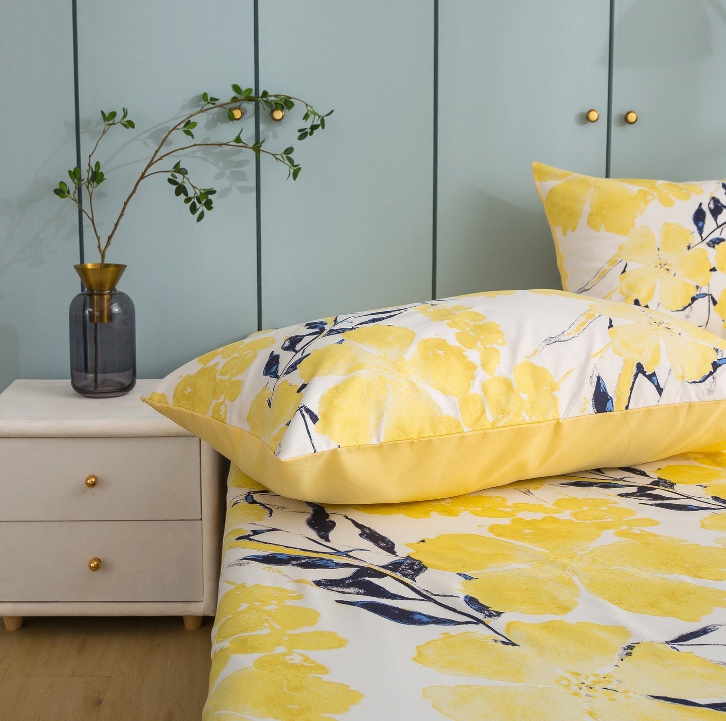 Tache Microfiber Watercolor Tropical Floral Yellow Blue Fitted Sheet / Flat Sheet (JHW-841)