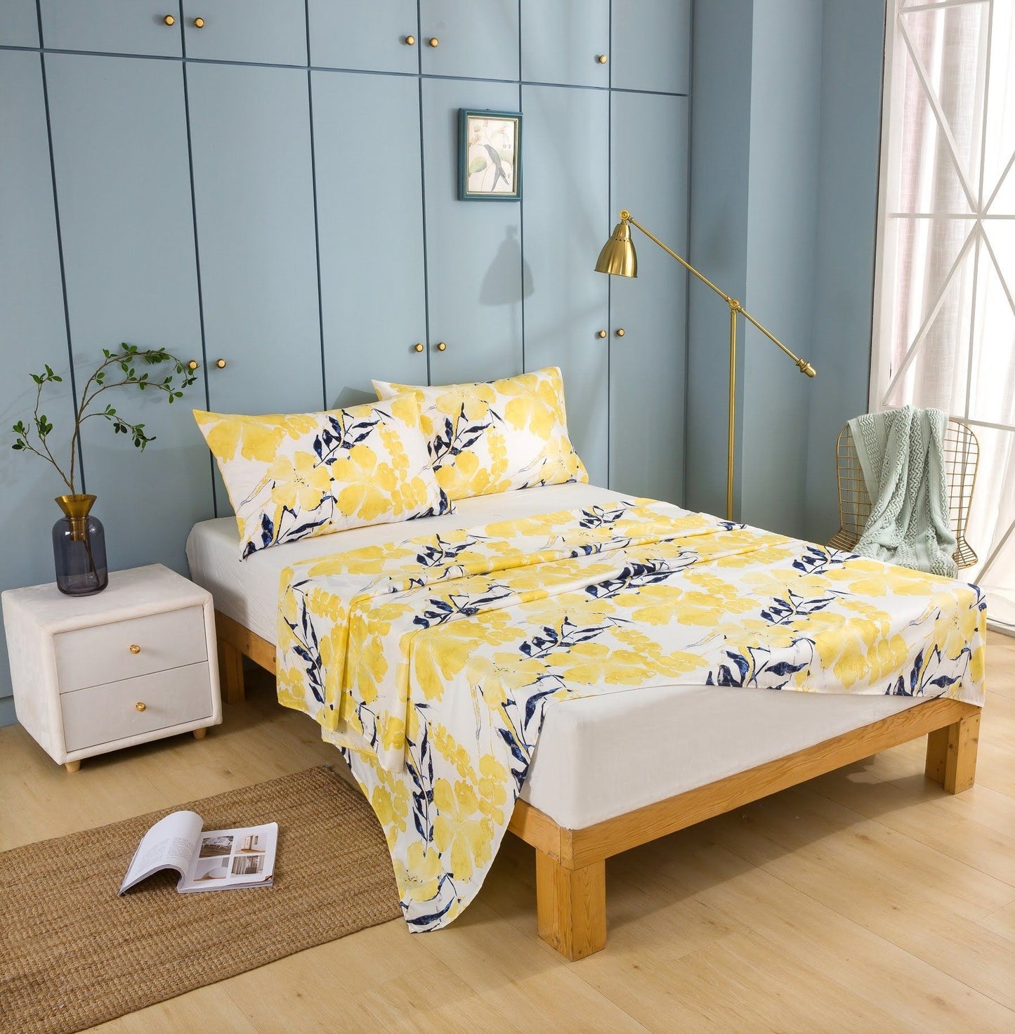 Tache Microfiber Watercolor Tropical Floral Yellow Blue Fitted Sheet / Flat Sheet (JHW-841)