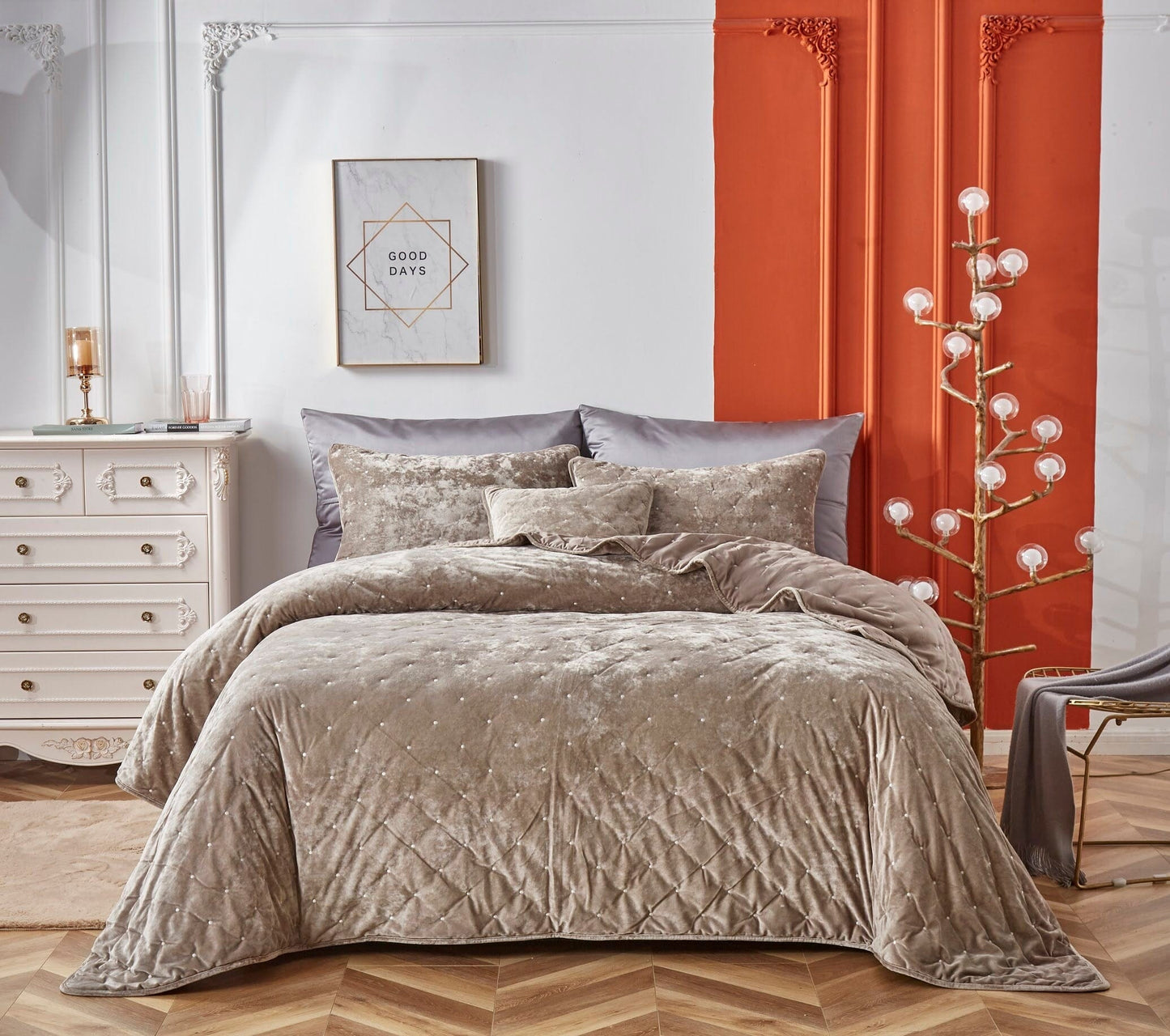 Tache Plush Dreams Sand Taupe Beige Tufted Velvet Quilt Set (JHW-853B)