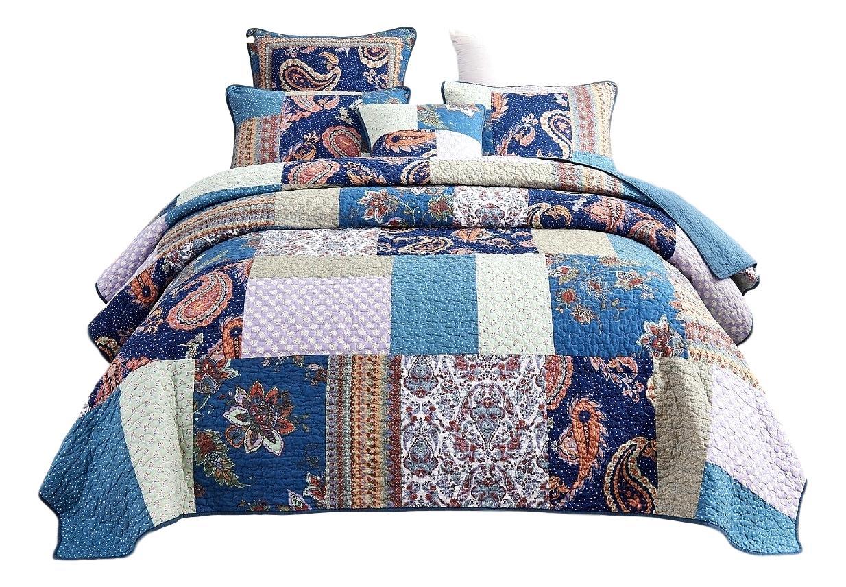 Tache Bohemian Night Flower Paisley Floral Navy Blue Pastel Cotton Patchwork Quilt Set (JHW-882)