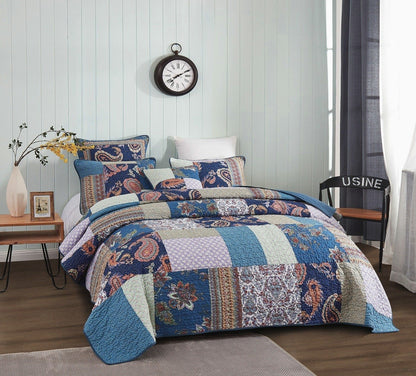Tache Bohemian Night Flower Paisley Floral Navy Blue Pastel Cotton Patchwork Quilt Set (JHW-882)