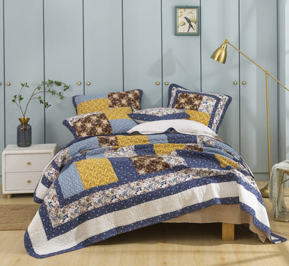 Tache Prairie Sunset White Blue Yellow Brown Floral Cotton Patchwork Quilt Set (JHW-887)