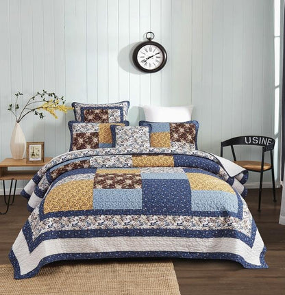 Tache Prairie Sunset White Blue Yellow Brown Floral Cotton Patchwork Quilt Set (JHW-887)