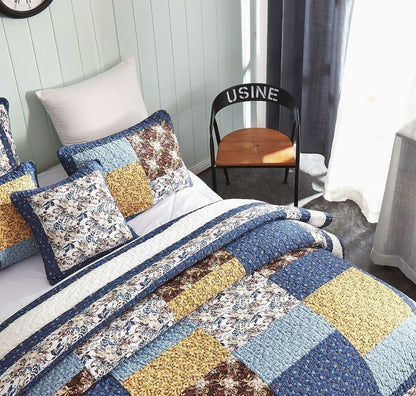 Tache Prairie Sunset White Blue Yellow Brown Floral Cotton Patchwork Quilt Set (JHW-887)
