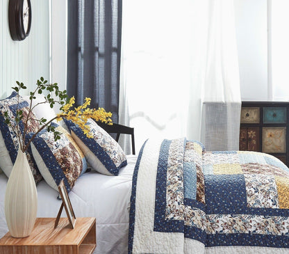 Tache Prairie Sunset White Blue Yellow Brown Floral Cotton Patchwork Quilt Set (JHW-887)