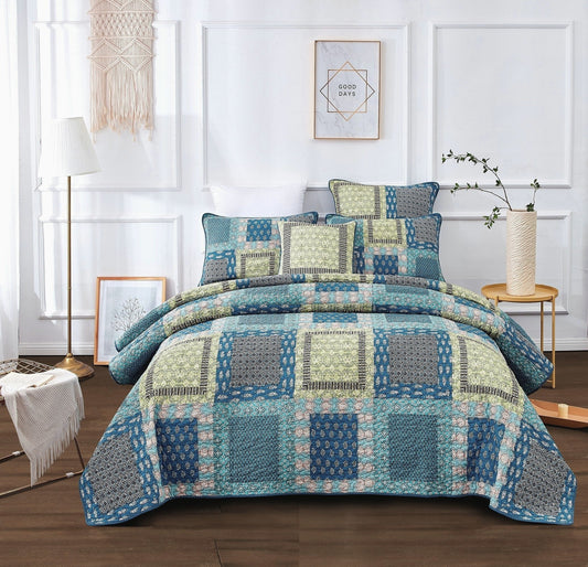 Tache Bohemian Ocean Teal Blue Green Paisley Mediterranean Cotton Patchwork Quilt Set (JHW-888)