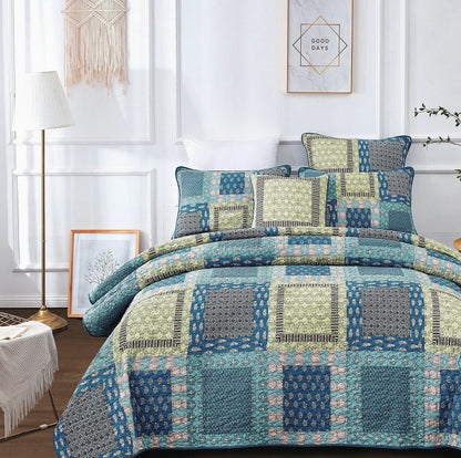 Tache Bohemian Ocean Teal Blue Green Paisley Mediterranean Cotton Patchwork Quilt Set (JHW-888)