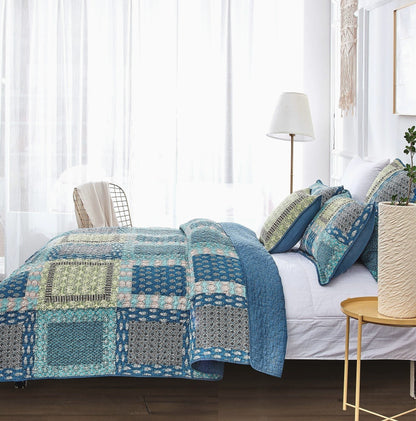 Tache Bohemian Ocean Teal Blue Green Paisley Mediterranean Cotton Patchwork Quilt Set (JHW-888)