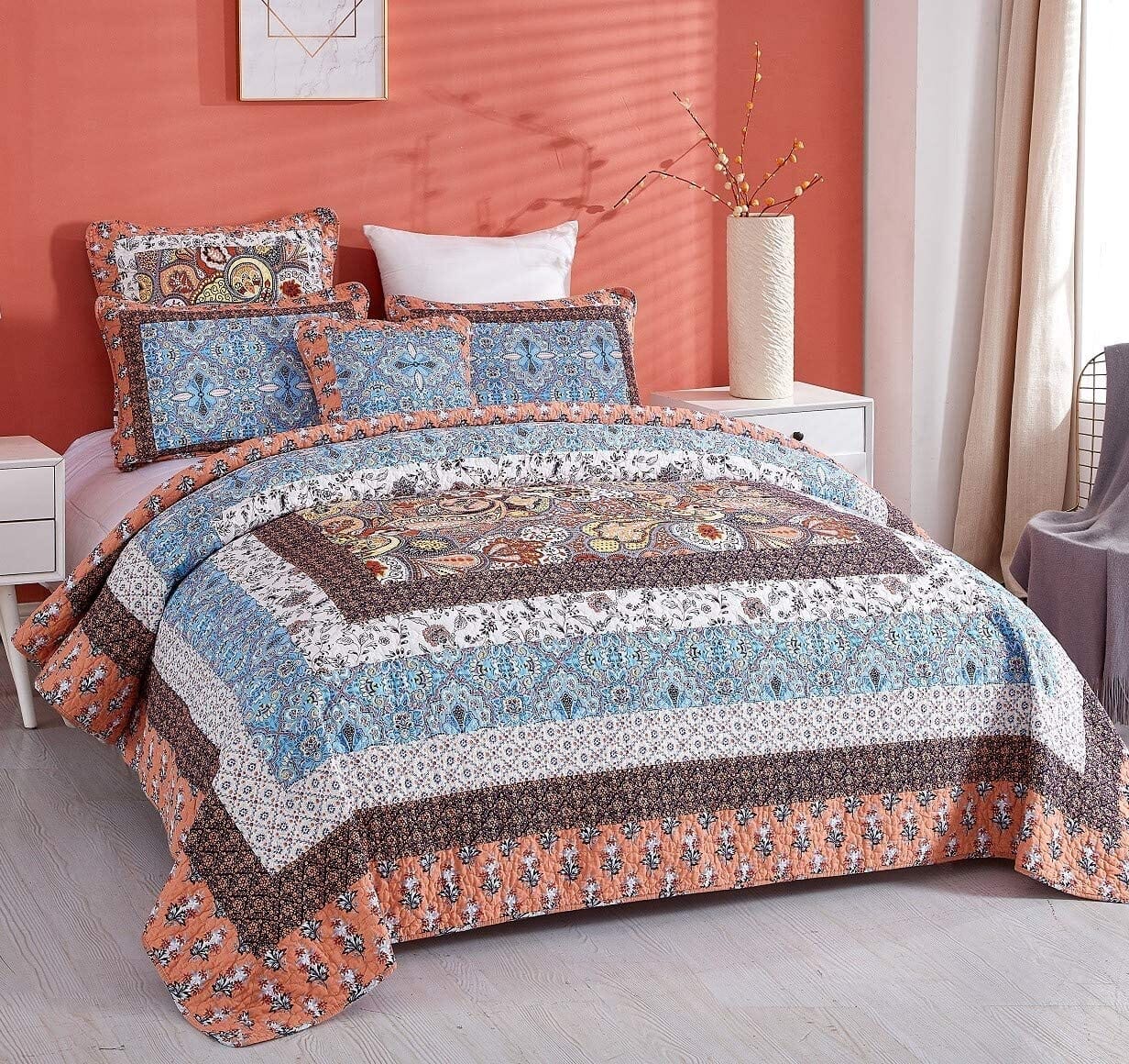 Tache Mosaic Paradise Paisley Floral Blue Orange Bohemian Cotton Patchwork Quilt Set (JHW-933)
