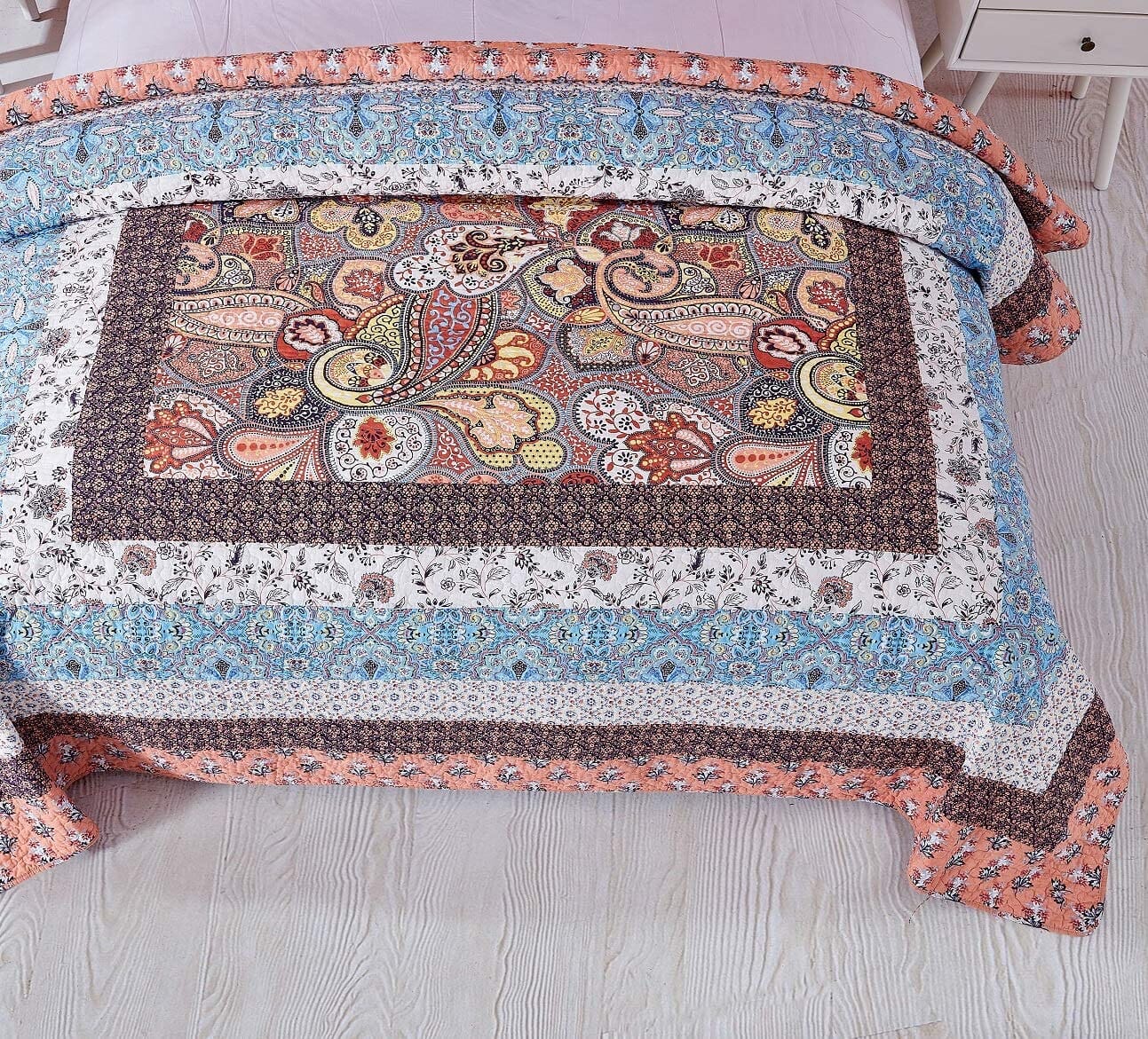 Tache Mosaic Paradise Paisley Floral Blue Orange Bohemian Cotton Patchwork Quilt Set (JHW-933)