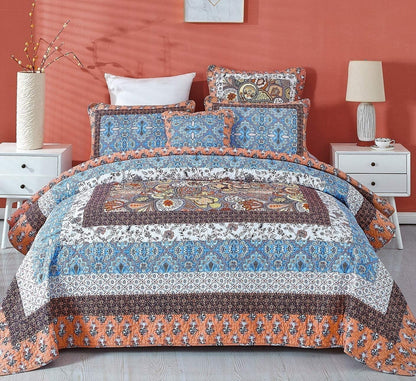 Tache Mosaic Paradise Paisley Floral Blue Orange Bohemian Cotton Patchwork Quilt Set (JHW-933)