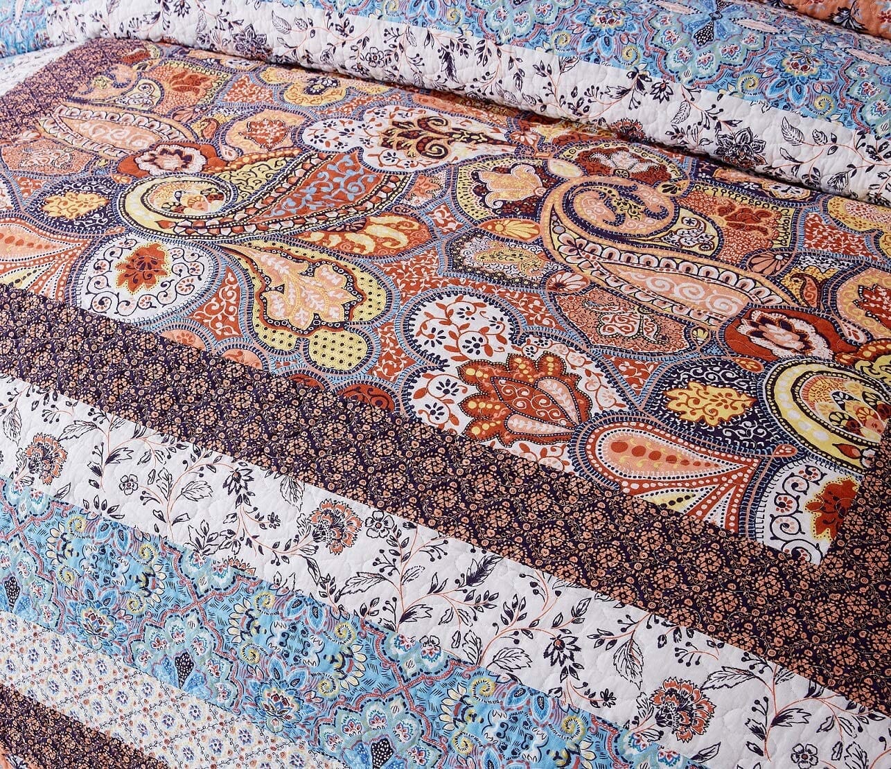 Tache Mosaic Paradise Paisley Floral Blue Orange Bohemian Cotton Patchwork Quilt Set (JHW-933)