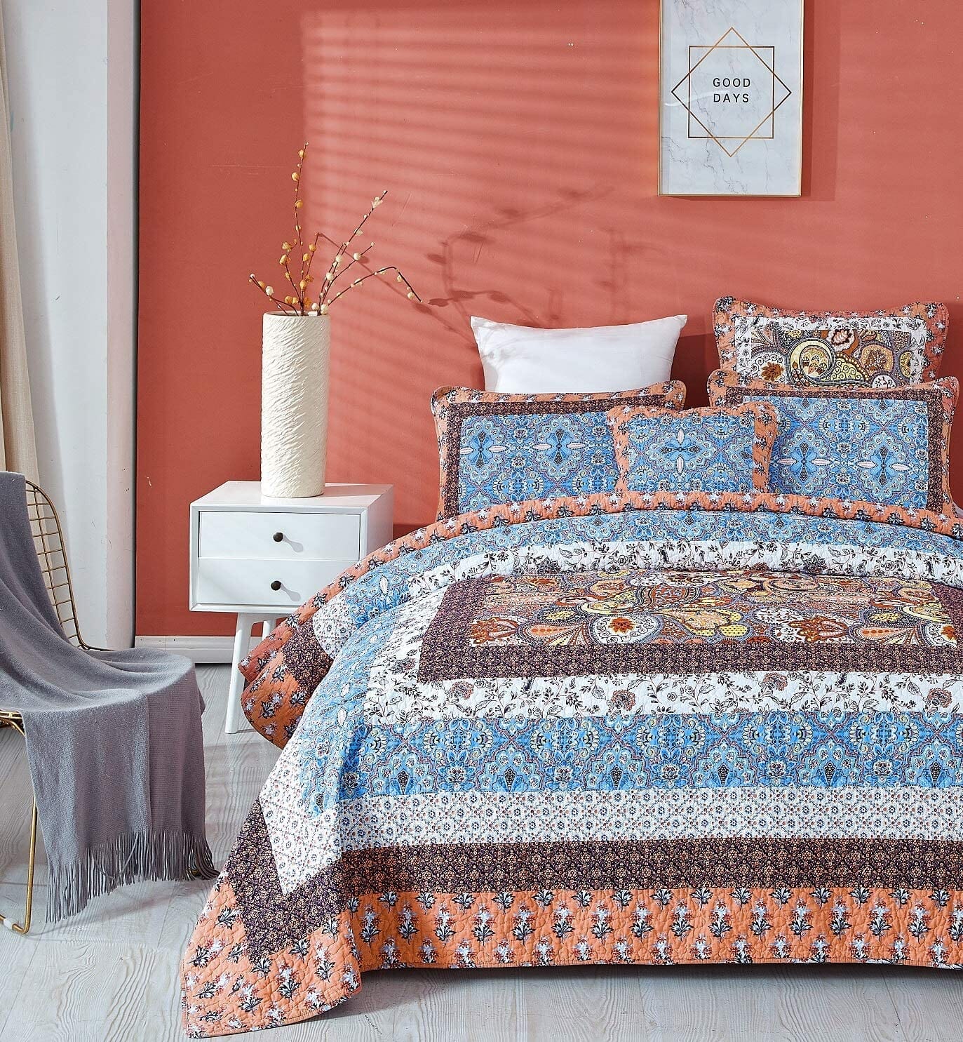Tache Mosaic Paradise Paisley Floral Blue Orange Bohemian Cotton Patchwork Quilt Set (JHW-933)