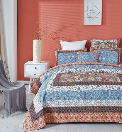 Tache Mosaic Paradise Paisley Floral Blue Orange Bohemian Cotton Patchwork Quilt Set (JHW-933)