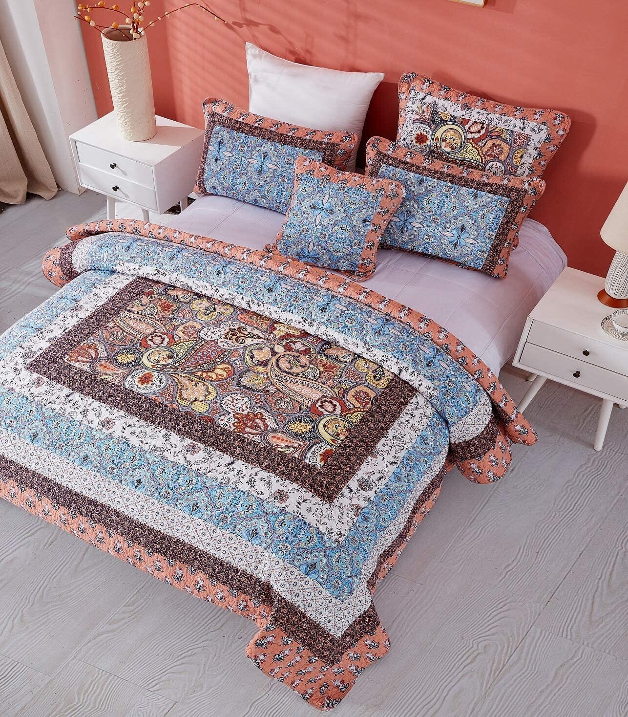 Tache Mosaic Paradise Paisley Floral Blue Orange Bohemian Cotton Patchwork Quilt Set (JHW-933)
