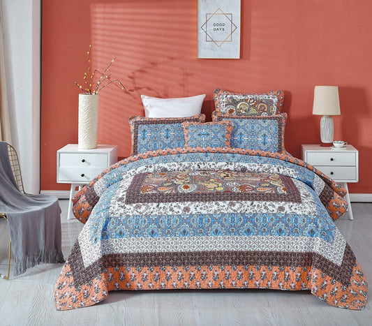 Tache Mosaic Paradise Paisley Floral Blue Orange Bohemian Cotton Patchwork Quilt Set (JHW-933)